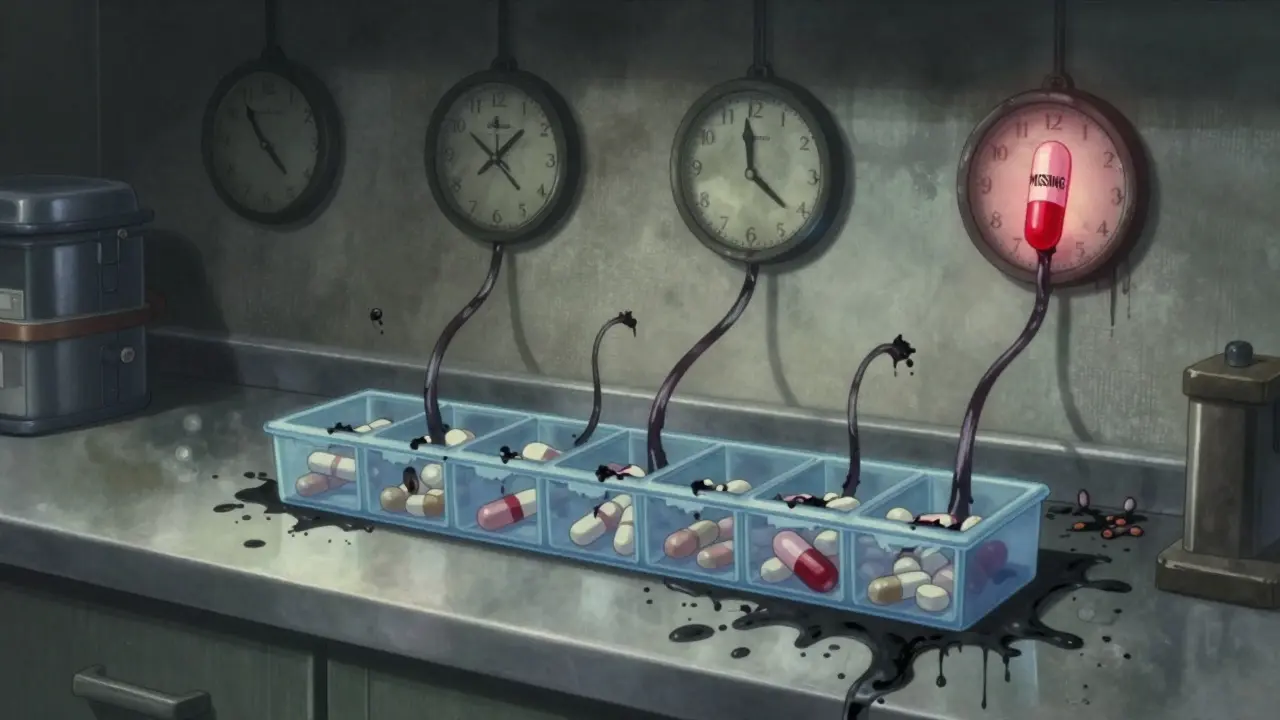 A pill organizer with writhing tendrils and creeping mold spreading across the kitchen counter.