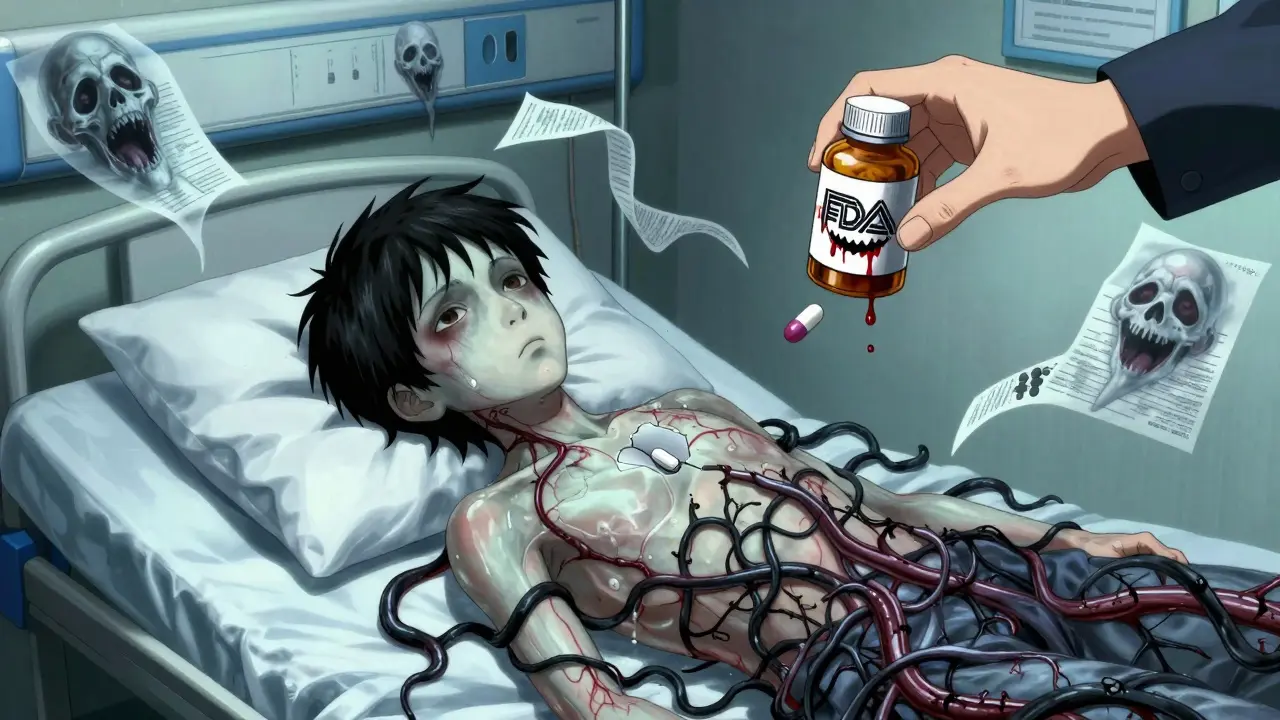 A sick child in a hospital bed has a cursed generic pill embedded in their chest, with twisted blood vessels and screaming charts.