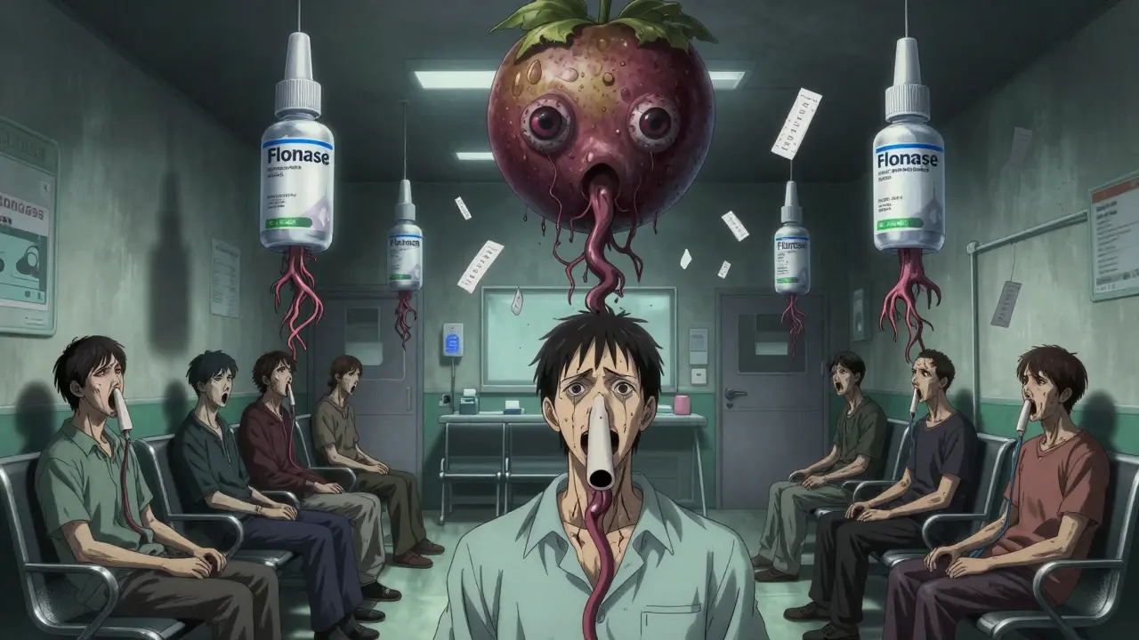 A silent hospital waiting room where patients have nasal roots feeding into giant spray bottles, one staring out as test papers burn in the air.