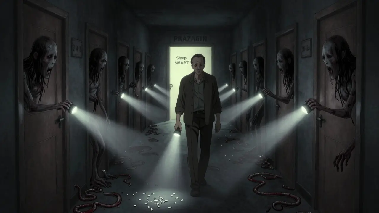 A veteran walking through a hallway of monstrous doors, holding a flashlight as discarded pills turn to worms, leading to a glowing exit.