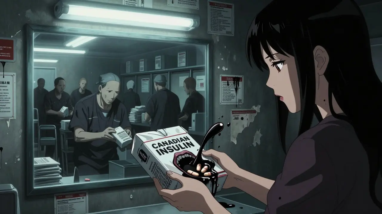 A woman opens a package of living pills, while a Chinese warehouse looms in the mirror behind her.