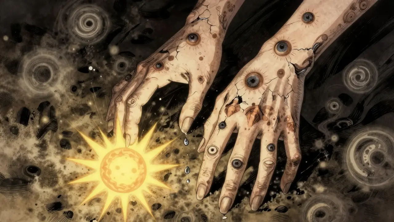 Aged hands covered in pulsing brown sun spots, each like an eye, cracked skin spiraling into darkness.
