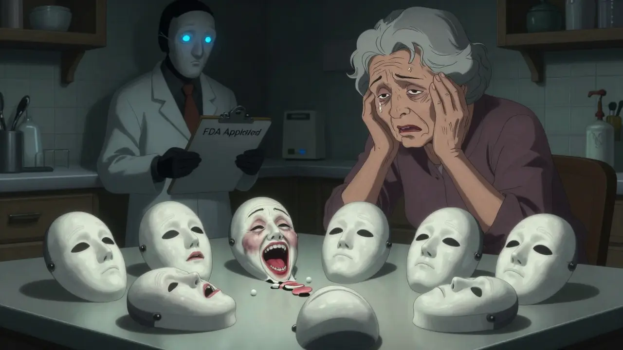 An elderly woman stares at morphing pills, one revealing a screaming face, as a faceless pharmacist watches.