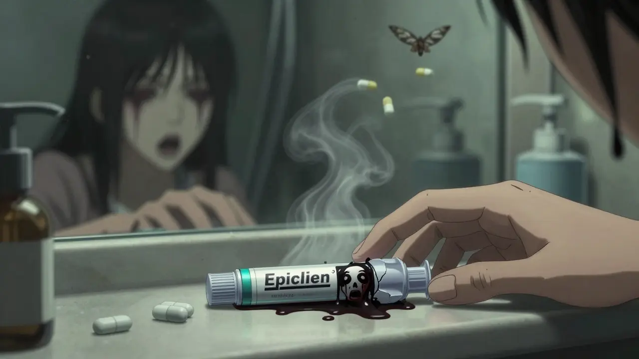 An EpiPen oozing black residue, its reflection showing a face peeling away in horror.