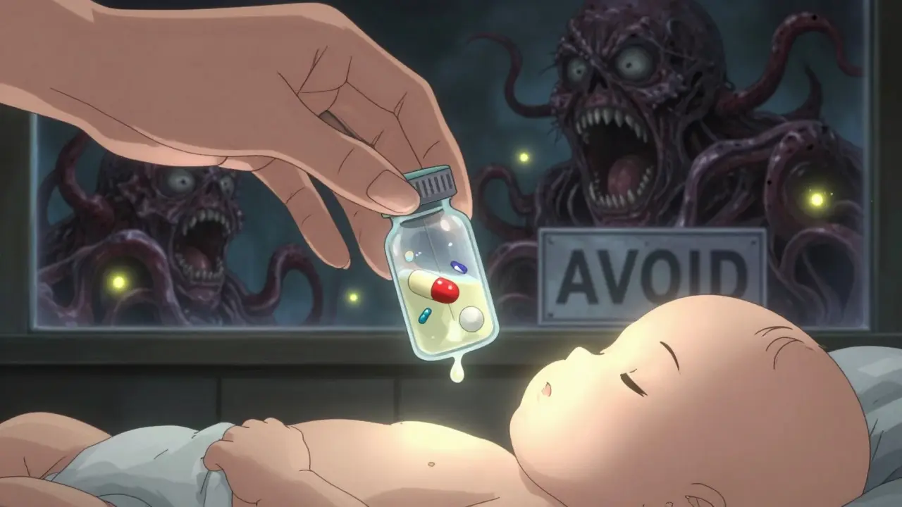 Breast milk vial with harmless drug molecules floating safely, while dangerous ones scream behind a barrier.