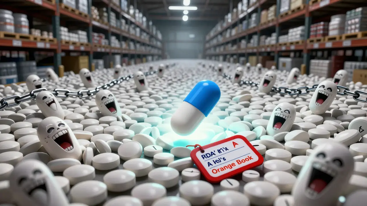 Endless white pills roll like teeth in a warehouse, while a single blue branded pill glows with FDA ratings.