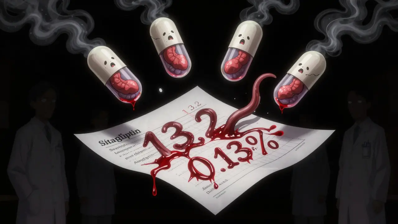 Floating diabetes pills with screaming faces, surrounded by bleeding medical data in a dark void.