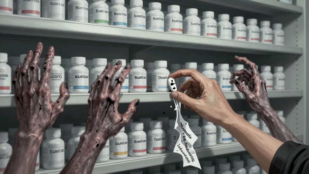 Generic pills on a shelf transform into reaching hands, each stamped with bleeding manufacturer logos.