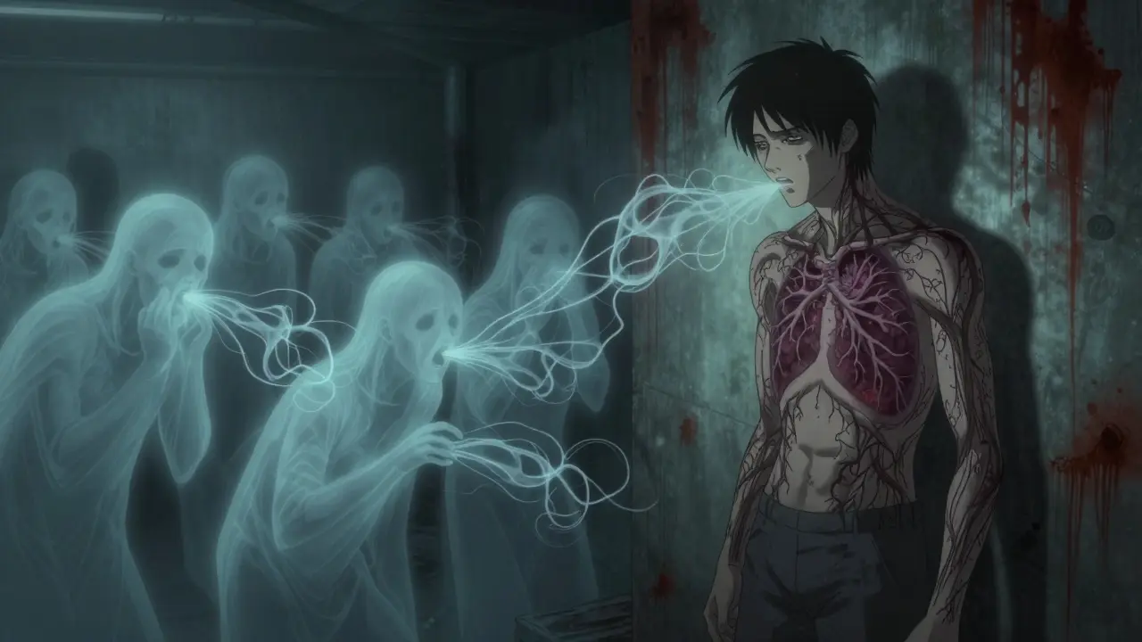 Ghostly figures in a crowded shelter release invisible TB bacteria that drift toward a vulnerable person, evoking dread and contagion.