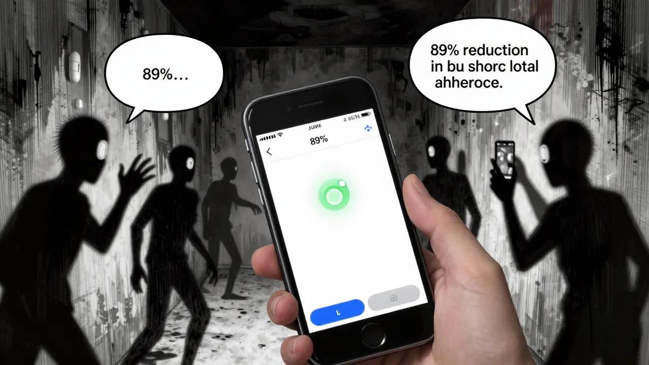 Hand taking photo of a pill as shadowy figures with pill heads reach from walls, app notification glowing on screen.