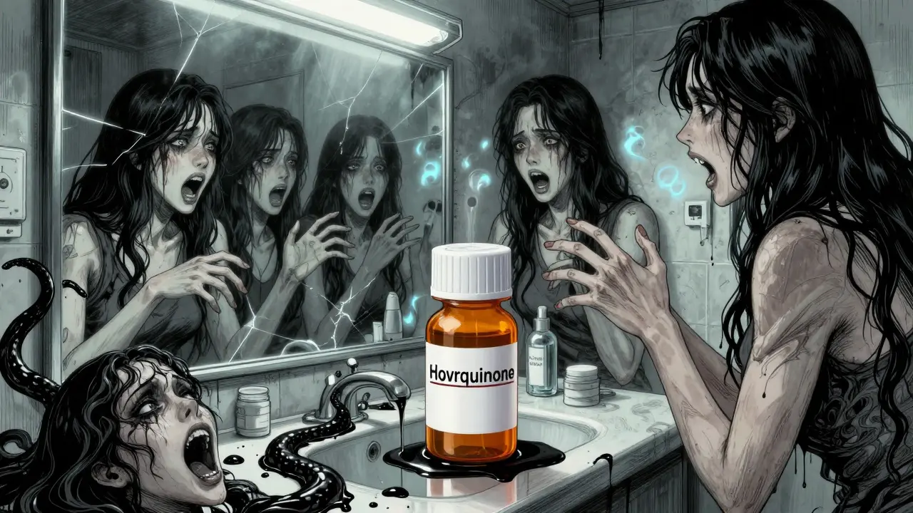 Hydroquinone bottle oozing black fluid forming screaming faces, cracked mirror reflecting worsening melasma.