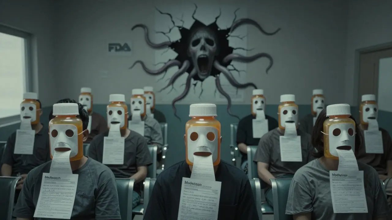 Patients in pill-shaped masks in a hospital, reports from their mouths becoming tentacles around a cracked FDA logo.
