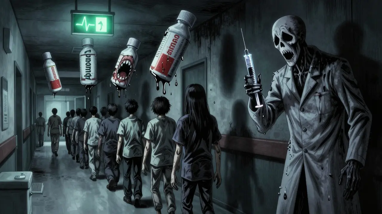 Patients with trembling limbs walk down a dark hospital hallway as giant drug names drip blood-like fluid and twist into screaming mouths.