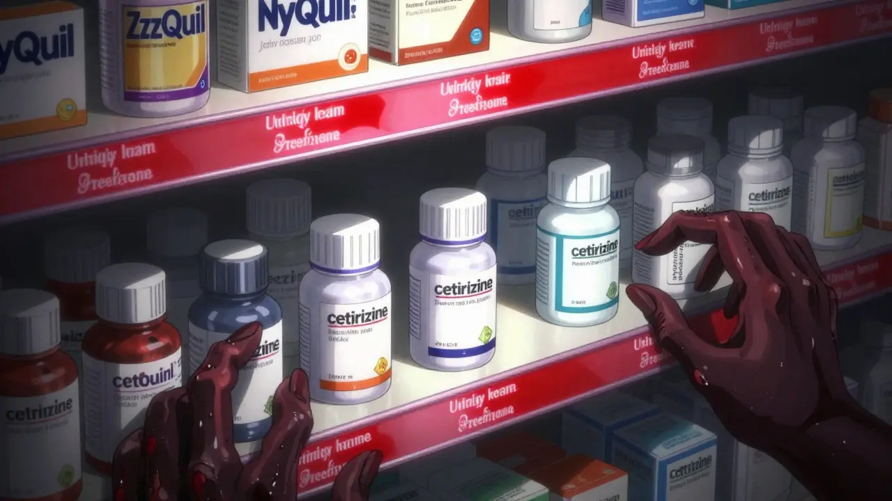 Pharmacy shelves with glowing warning labels on dangerous cold medicines vs. safe single-ingredient options.