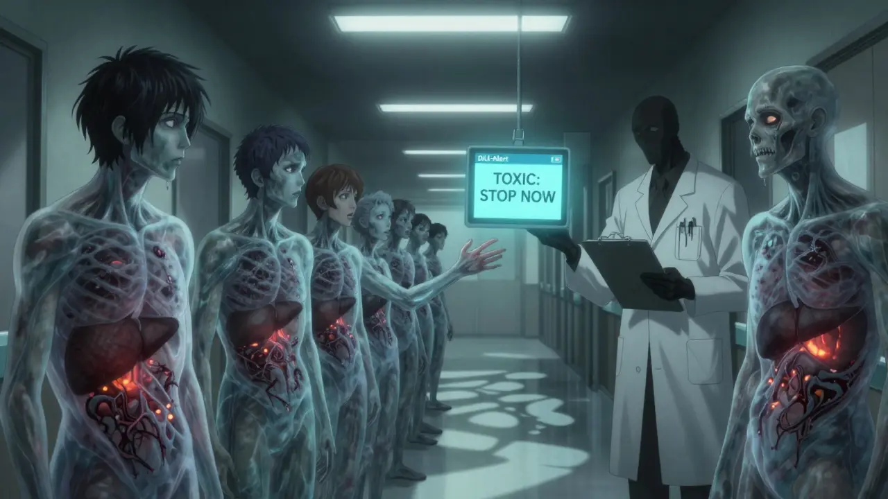 Translucent patients reveal blackened livers glowing inside, as a faceless doctor holds a skin-made clipboard.