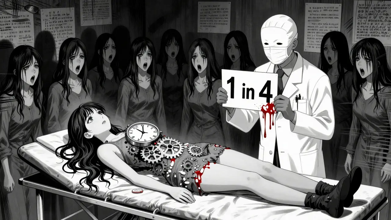 Woman's body turning into a clock made of birth control pills, doctor holds bloody sign saying '1 in 4'.