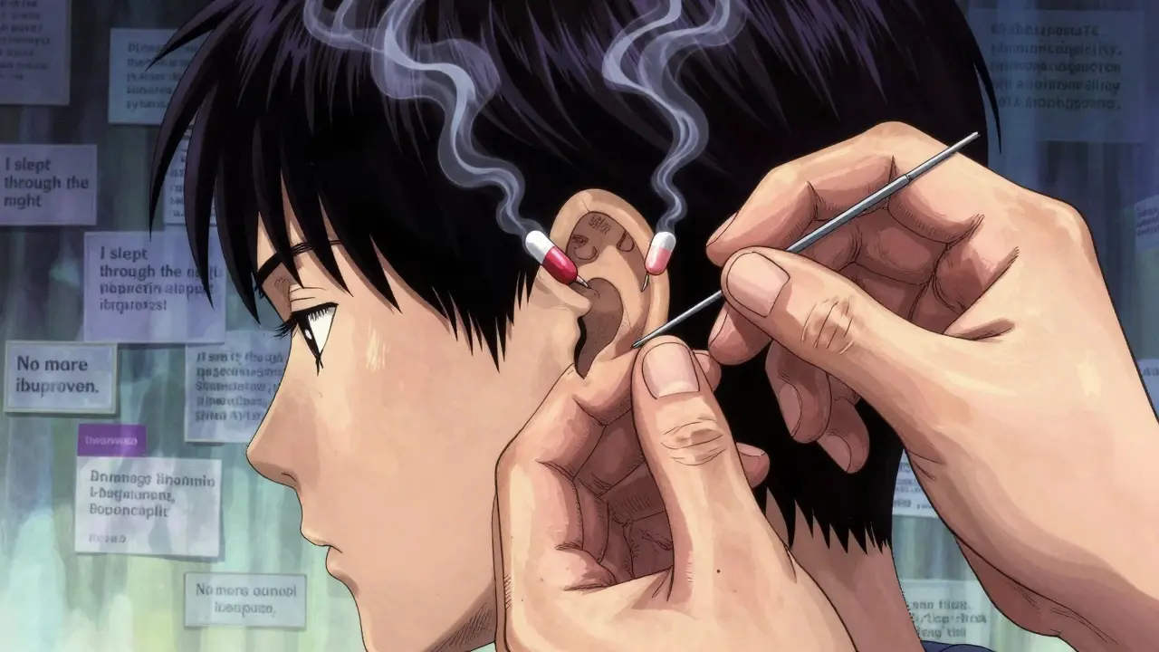 A certified acupuncturist inserts a needle into a patient's ear, with ghostly patient testimonials flickering behind them.