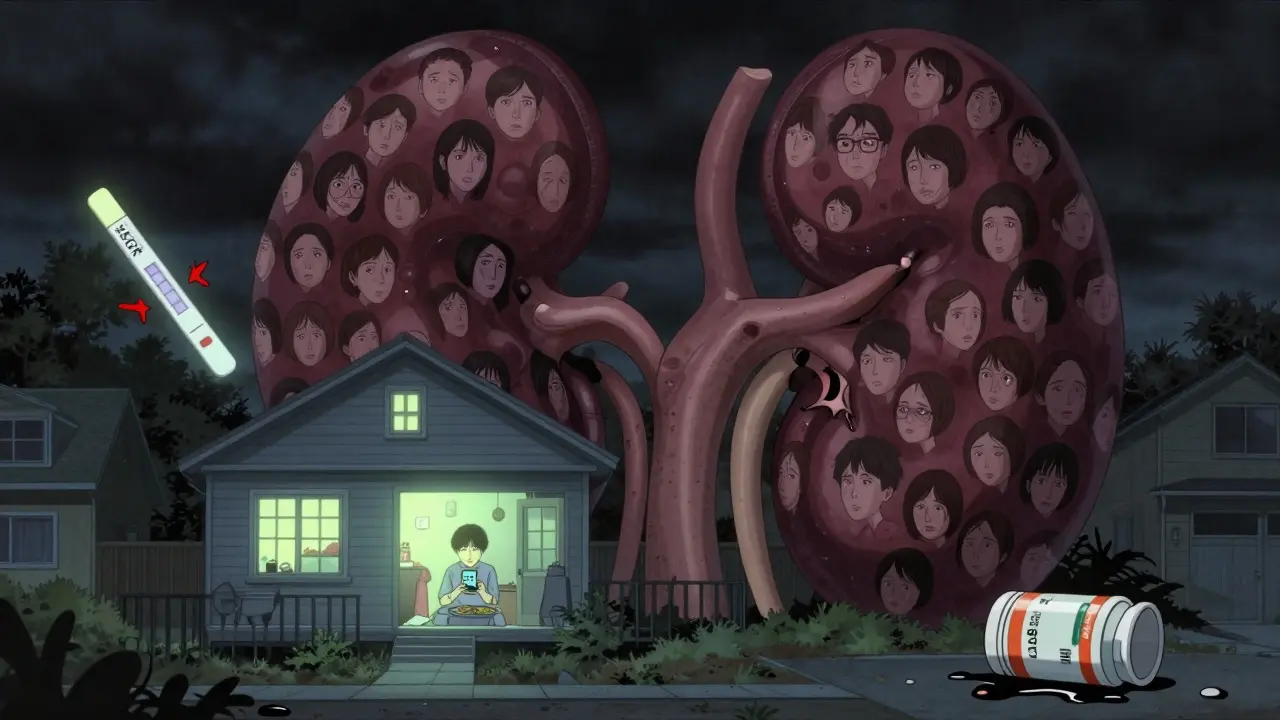 A giant pulsating kidney looms over a neighborhood, with one house glowing as a test strip floats nearby, revealing silent disease.