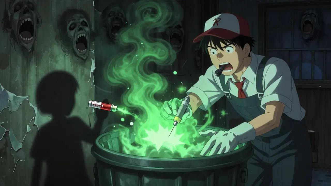 A janitor recoils as an inhaler explodes in a trash bin, with ghostly faces emerging and a child's shadow reaching for an EpiPen.