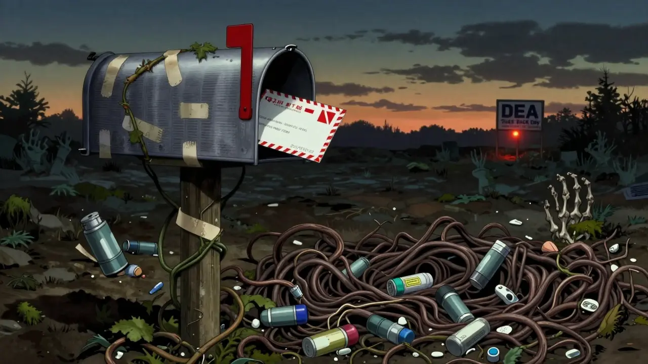 A mail-back envelope sits in a rural mailbox, surrounded by creeping vines made of medical waste and skeletal hands emerging from the ground.