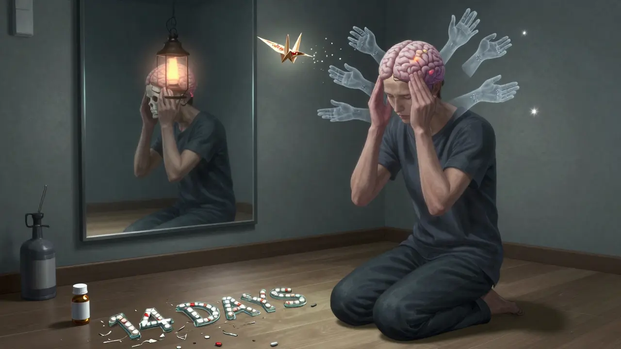 A patient in therapy with ghostly healing techniques emerging from her mind, a cracked skull reflection, and shattered pill bottles on the floor.