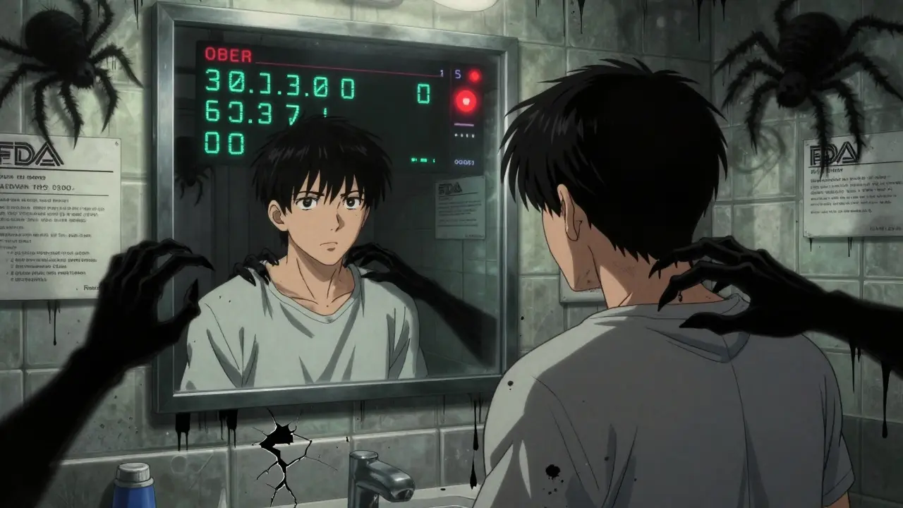 A patient sees their lot number in a mirror as digital alerts crawl like spiders up the walls, ink dripping from cracks.