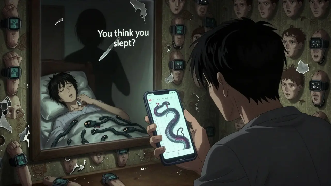 A person horrified as their sleep graph becomes a serpentine creature with arms representing every minute they were awake.