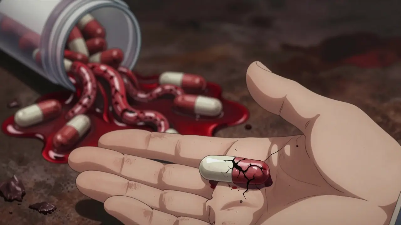 A pill cracking open to reveal writhing chemical chains inside, while other pills melt into a crawling ooze.
