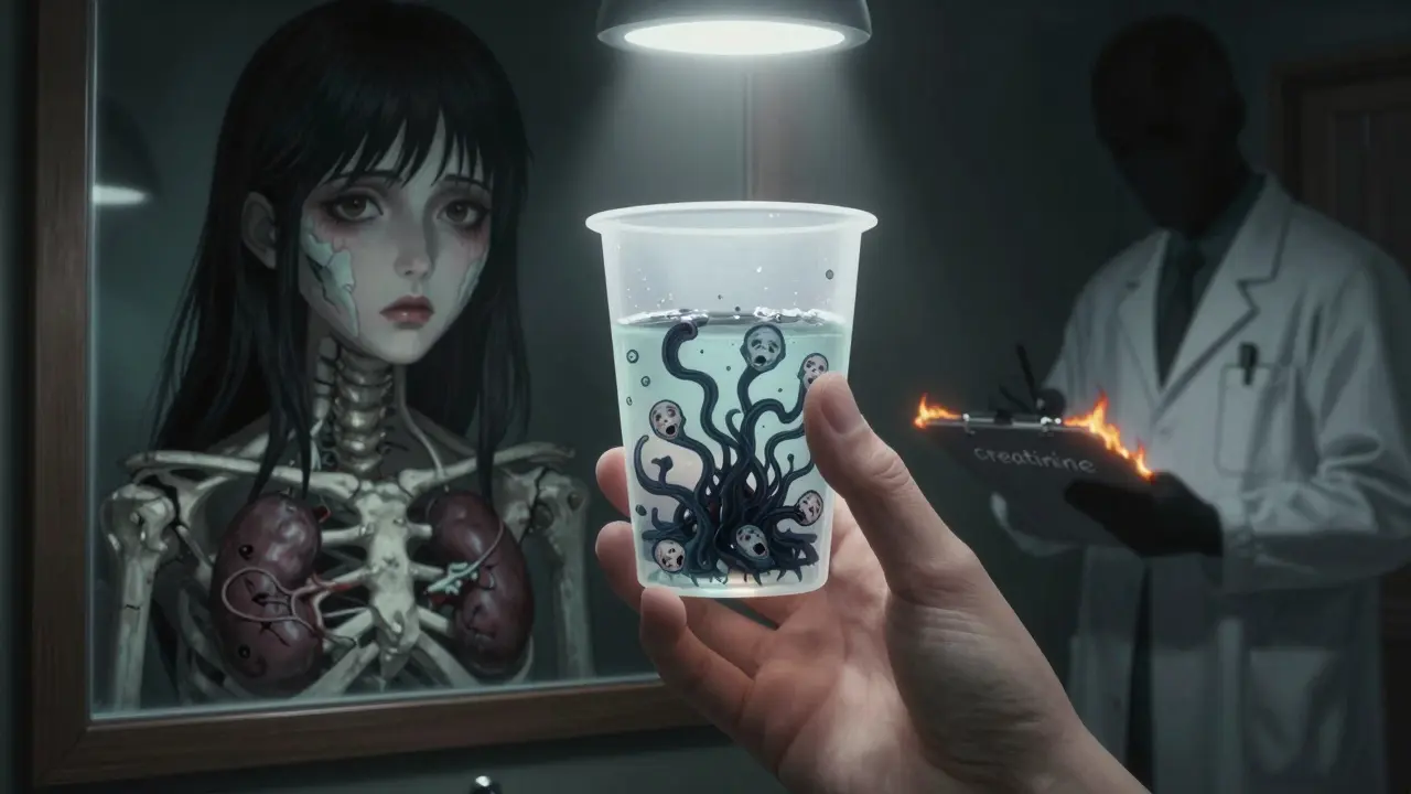 A woman's urine sample transforms into writhing tendrils with screaming faces, symbolizing protein leakage in early kidney damage.