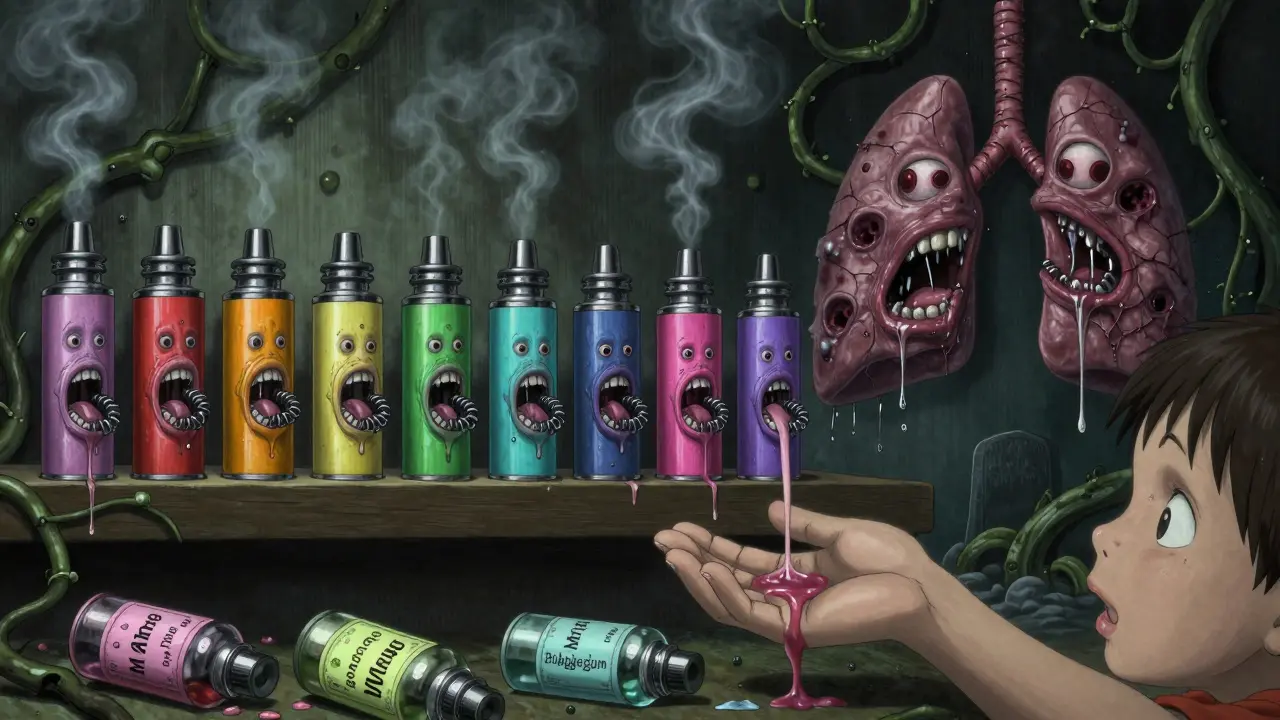 Colorful vape cartridges morph into screaming mouths dripping toxic fluid onto a child's hand, surrounded by floating damaged lungs.