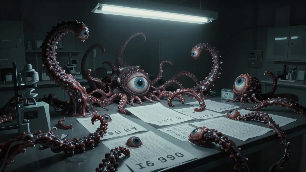 Data sheets turning into tentacles with eyes on a lab table.