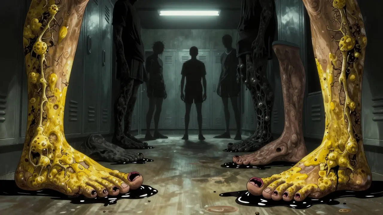 Feet in a locker room have cracked, mouth-like nails oozing black slime, surrounded by shadowy figures.