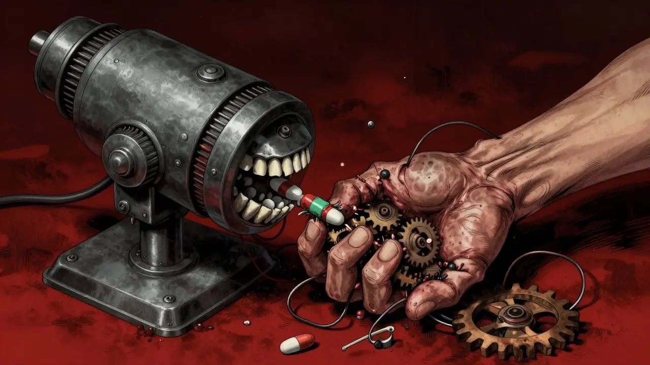 Mechanical pill dispenser devouring arm with teeth and wires