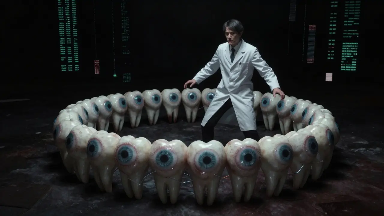 Scientist pulled into blockchain network of eyes and teeth.