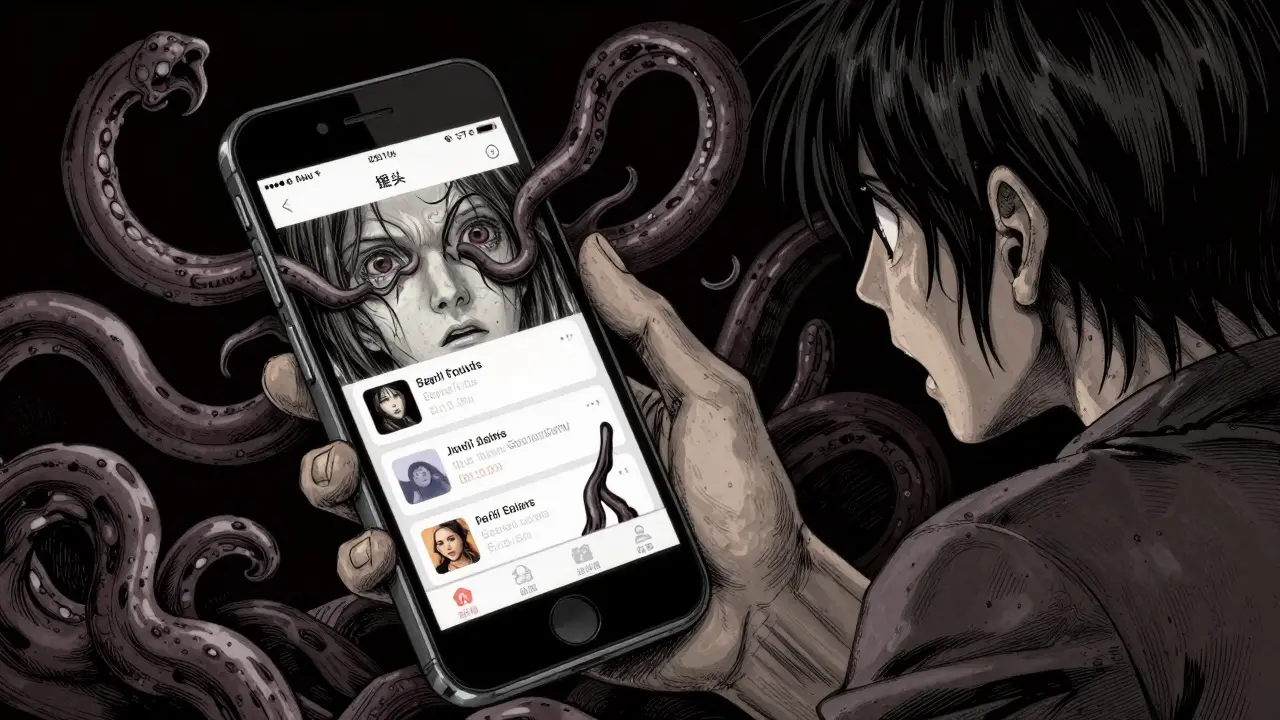 Smartphone face showing tentacle notifications, person reaching in fear