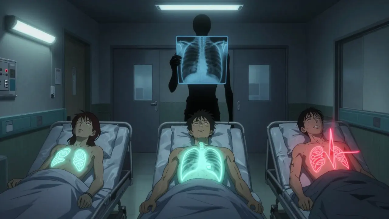 Three patients in a hospital hallway with glowing lung collapses, a shadowy figure holding an empty X-ray.