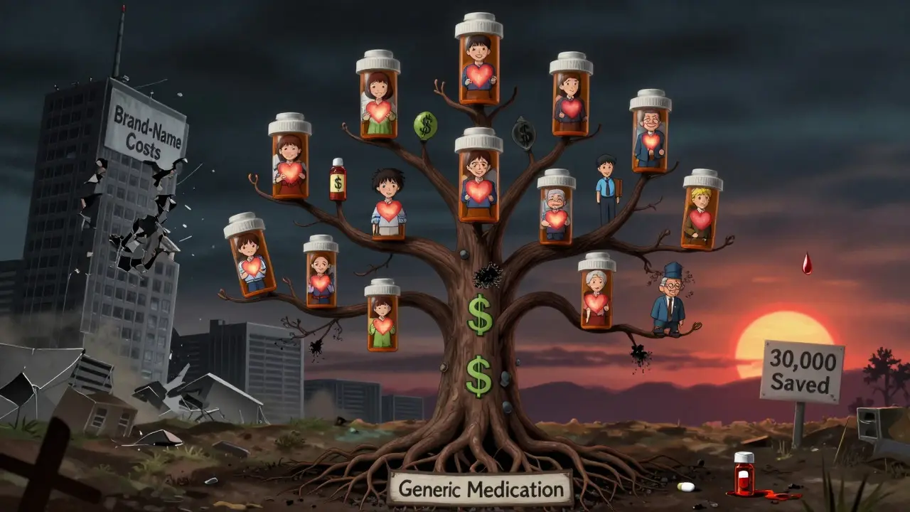 A family tree of healthy people growing from generic medication, with collapsing brand-name costs in the background under a rising sun.