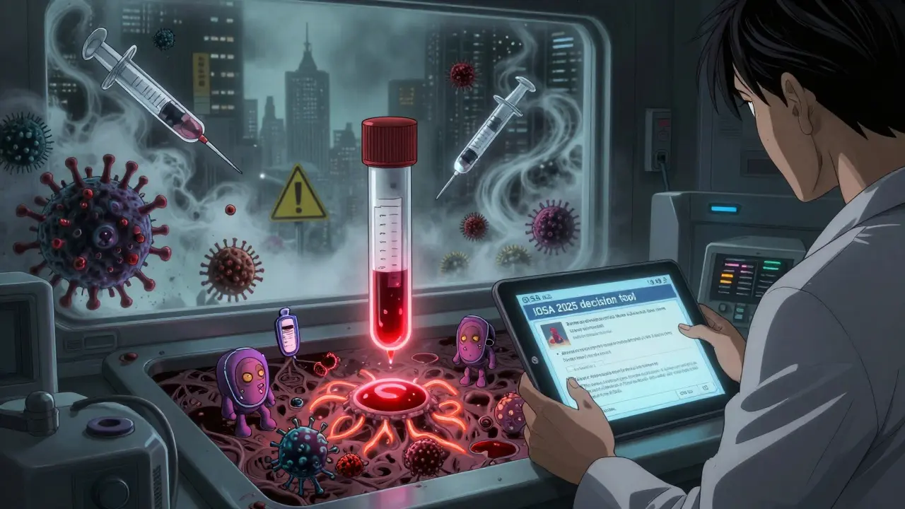 A glowing blood sample reveals immune cells battling viruses, while a doctor uses a medical tablet with IDSA guidelines.