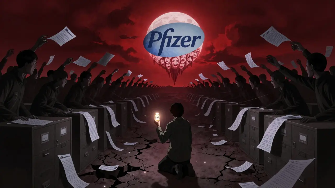 A lone person holds a glowing pill bottle under a red moon, surrounded by faceless figures reaching with paper trails of rejected applications.