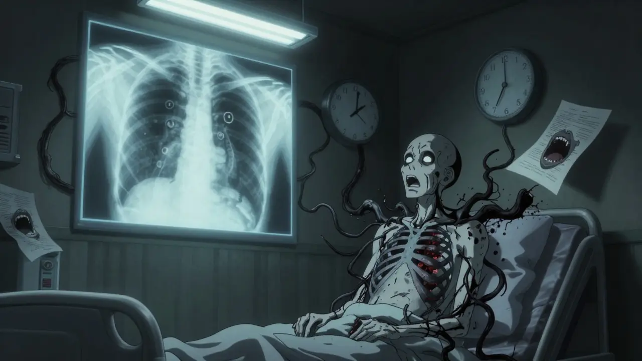 A patient's chest X-ray reveals black vine-like plaques bursting from their heart, with screaming charts in the background.