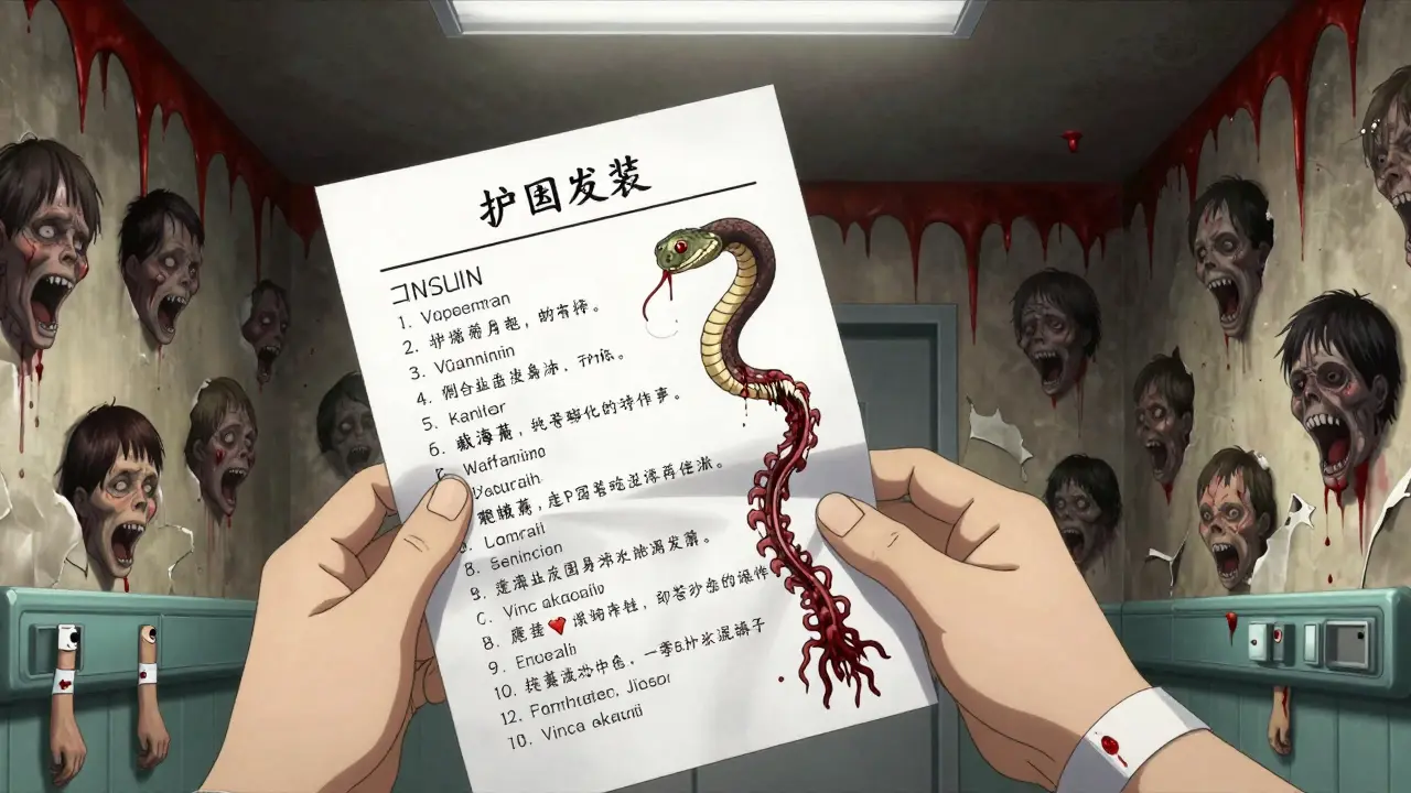 A patient's medication list transforms into writhing monsters, with hospital walls revealing screaming faces embedded in the plaster.