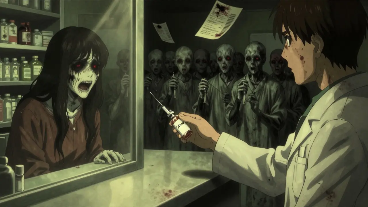 A pharmacist hands a biosimilar vial to a patient, their reflection screaming as faceless patients line up behind them.