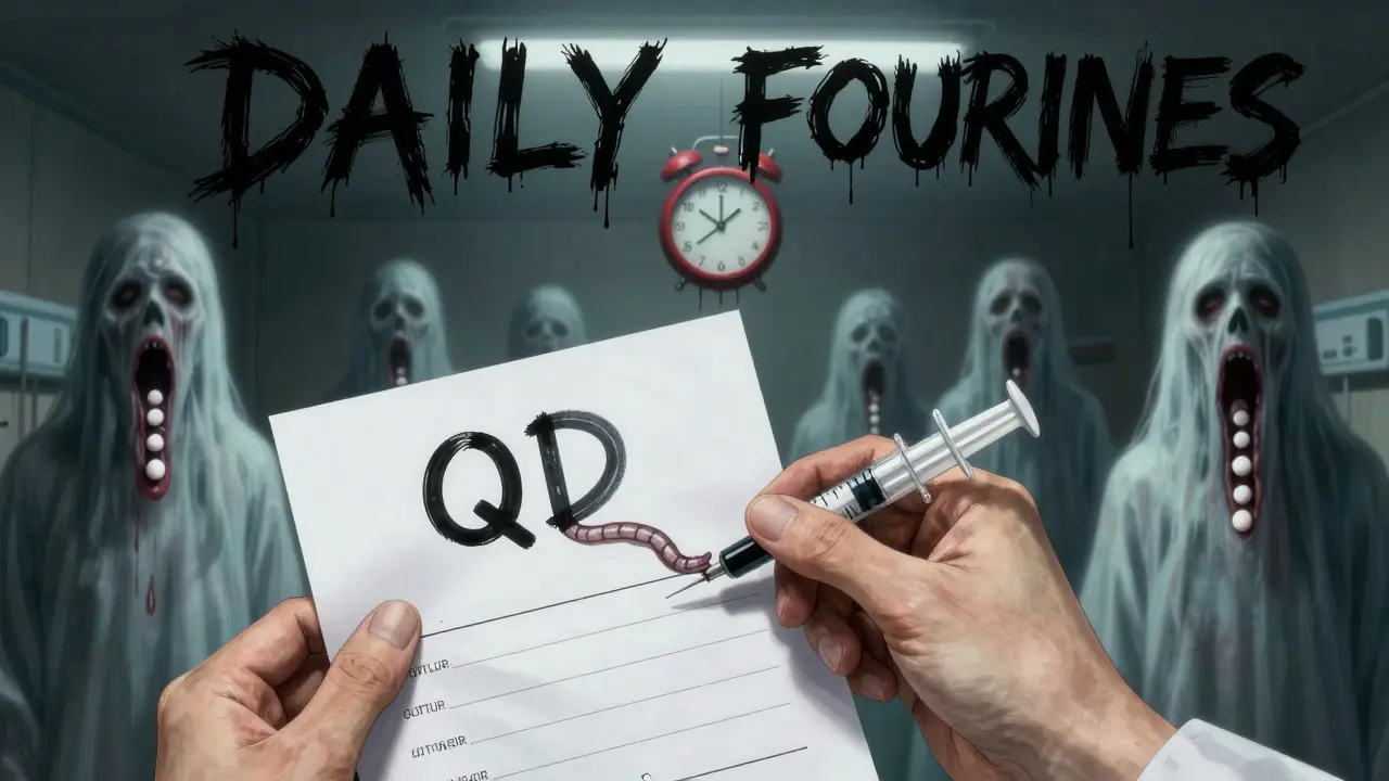 A pharmacist stares at a smudged prescription as ghostly patients float with pill counts, ink dripping into bleeding words 'DAILY' and 'FOUR TIMES'.