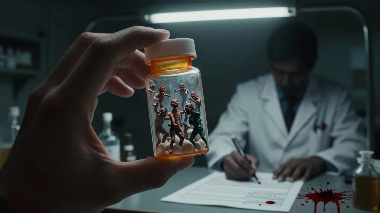 A pill bottle filled with screaming microscopic figures, watched by a shadowy lab technician.