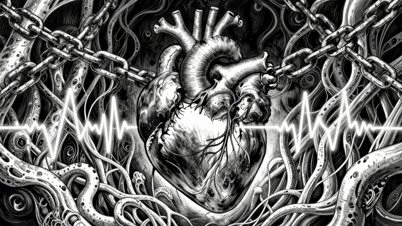 A torn heart between chaining and weaving patterns representing treatments.
