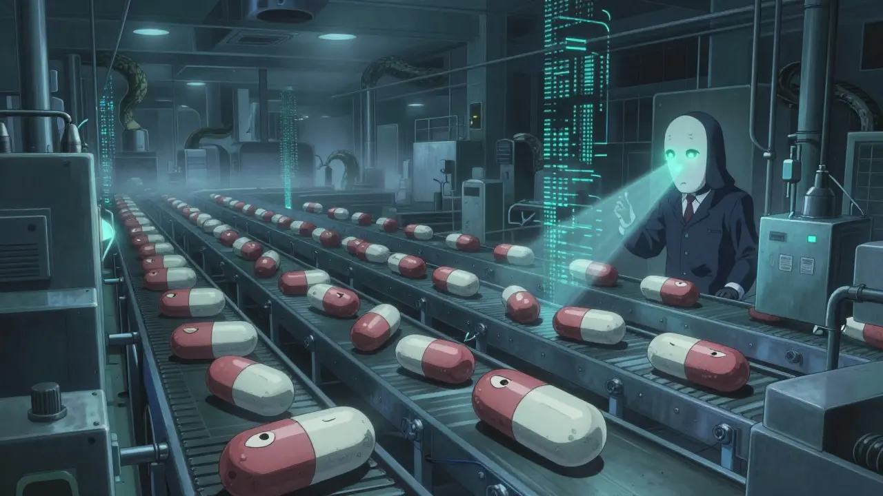 A vast factory with pills bearing blinking eyes, monitored by a faceless inspector with scanning eyes.