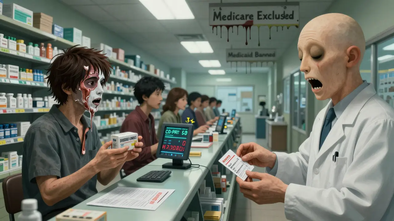 An endless pharmacy hallway with patients and a monstrous pharmacist, displaying insurance denials and excluded programs.