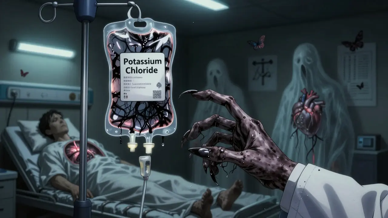 An IV bag of potassium chloride oozes black ink-like veins, while ghostly patient figures lie nearby with distorted medical charts on the wall.