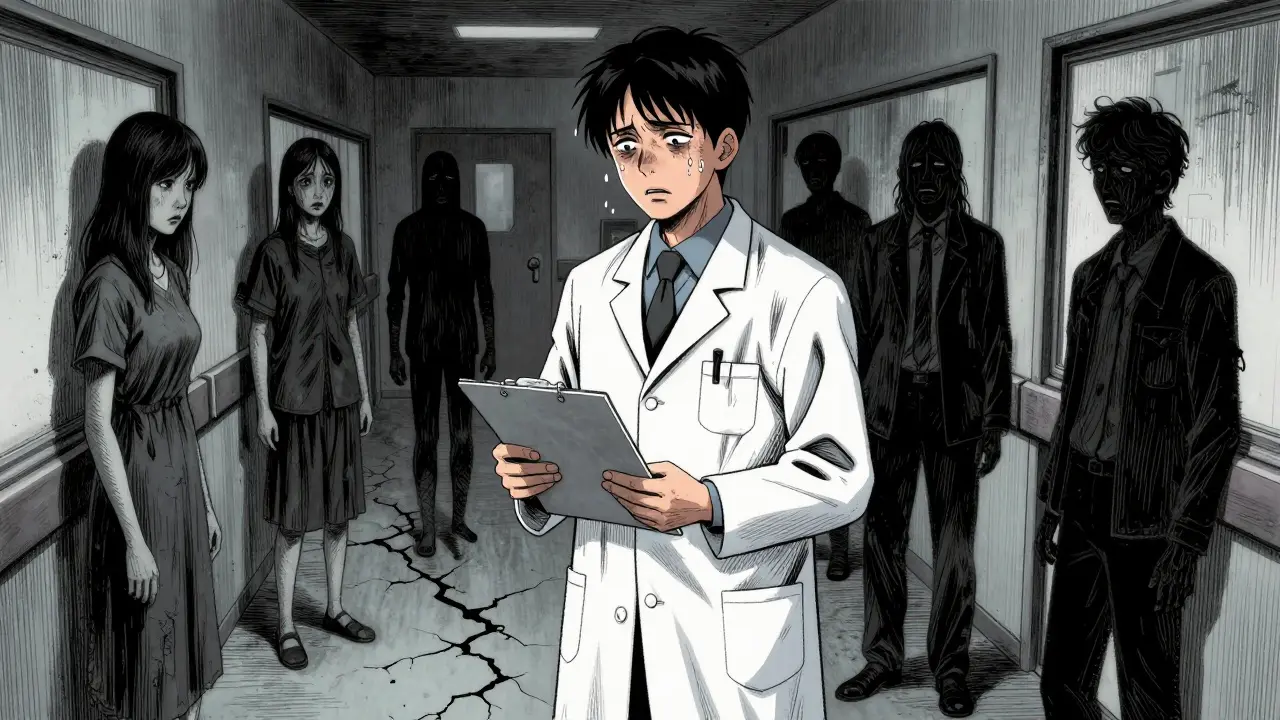 Anxious pharmacist holding a file with long scary shadows behind.