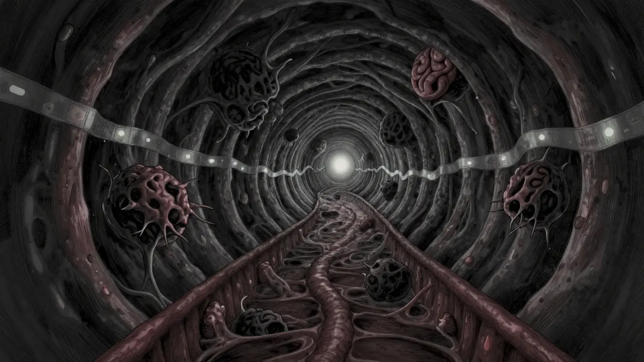 Dark blood vessel tunnel containing shadowy clots near a brain.